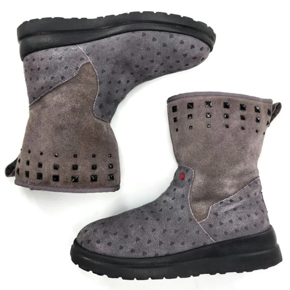 UGG I Heart Rock 'N Roll Grey Printed Hearts Black Studded Pull-On Short Boots